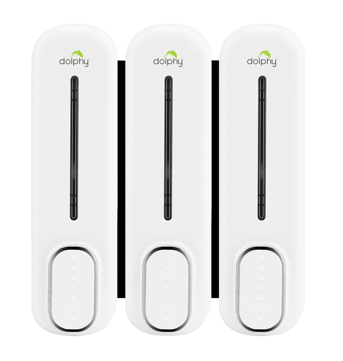Three Dolphy white 300ml soap dispensers side by side, front view
