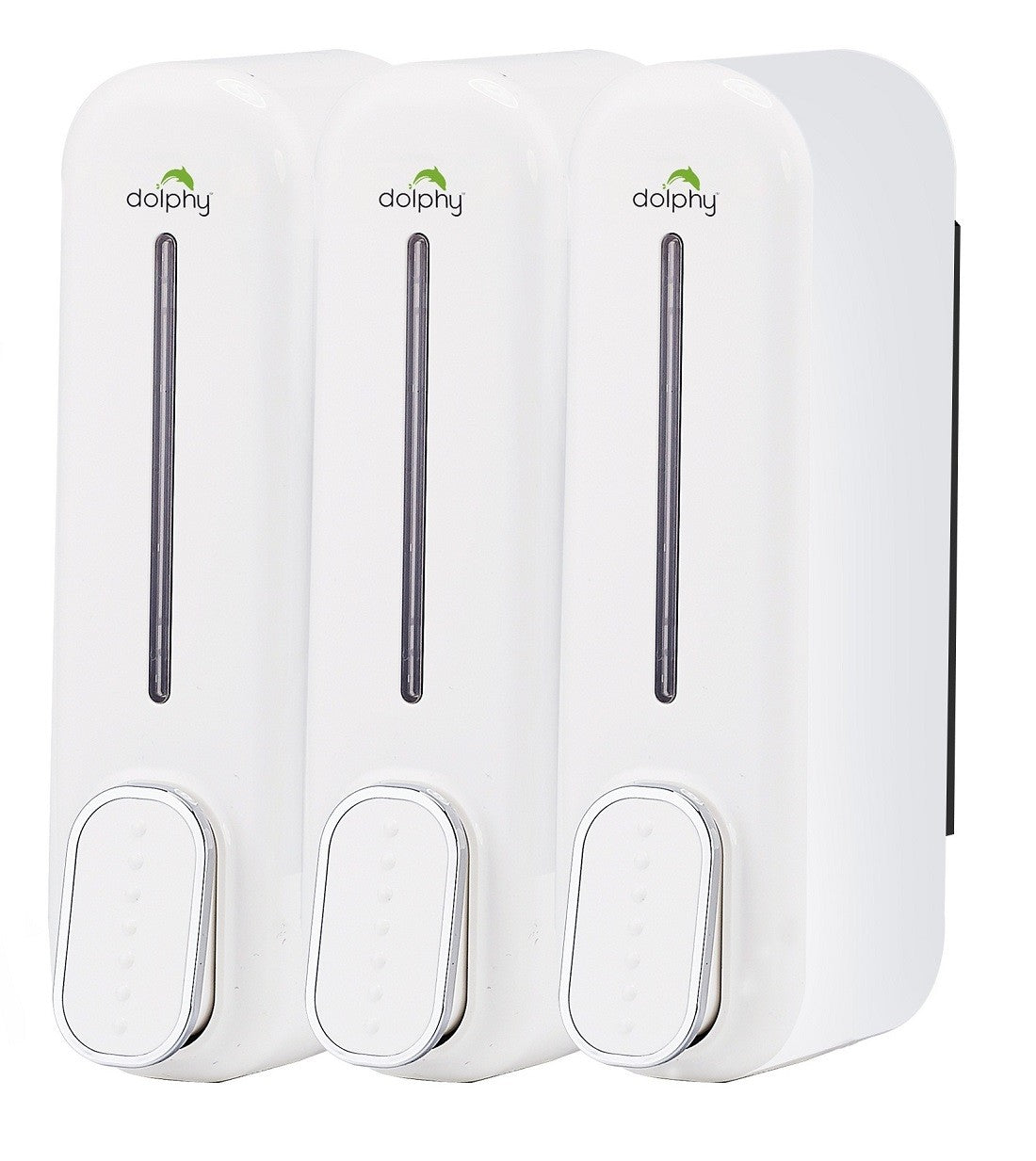 Dolphy white triple 300ml wall-mounted soap dispenser set, angled view