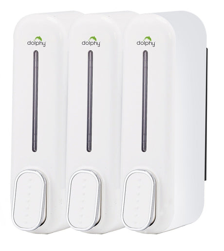 Dolphy white triple 300ml wall-mounted soap dispenser set, angled view
