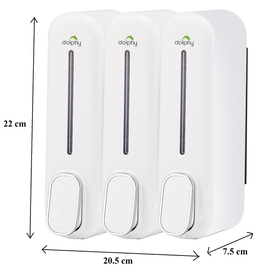 Dolphy white triple soap dispenser dimensions: 22 cm high, 20.5 cm wide, 7.5 cm deep