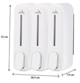 Dolphy white triple soap dispenser dimensions: 22 cm high, 20.5 cm wide, 7.5 cm deep