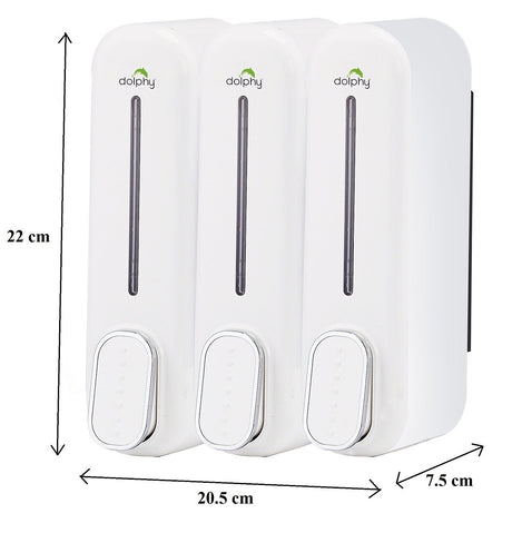 Dolphy white triple soap dispenser dimensions: 22 cm high, 20.5 cm wide, 7.5 cm deep