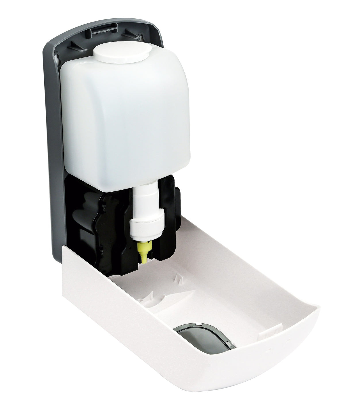 Dolphy automatic dispenser opened, showing the refill bottle and pump unit