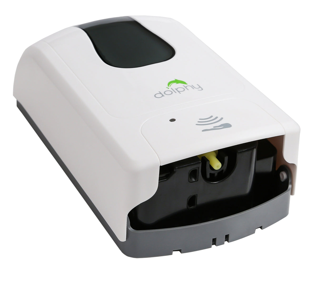 Underside of the Dolphy touch-free dispenser showing the sensor and nozzle