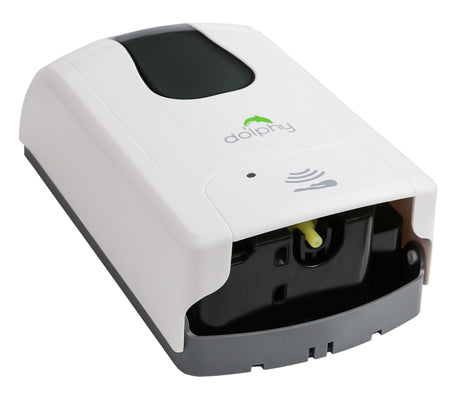 Underside of the Dolphy touch-free dispenser showing the sensor and nozzle
