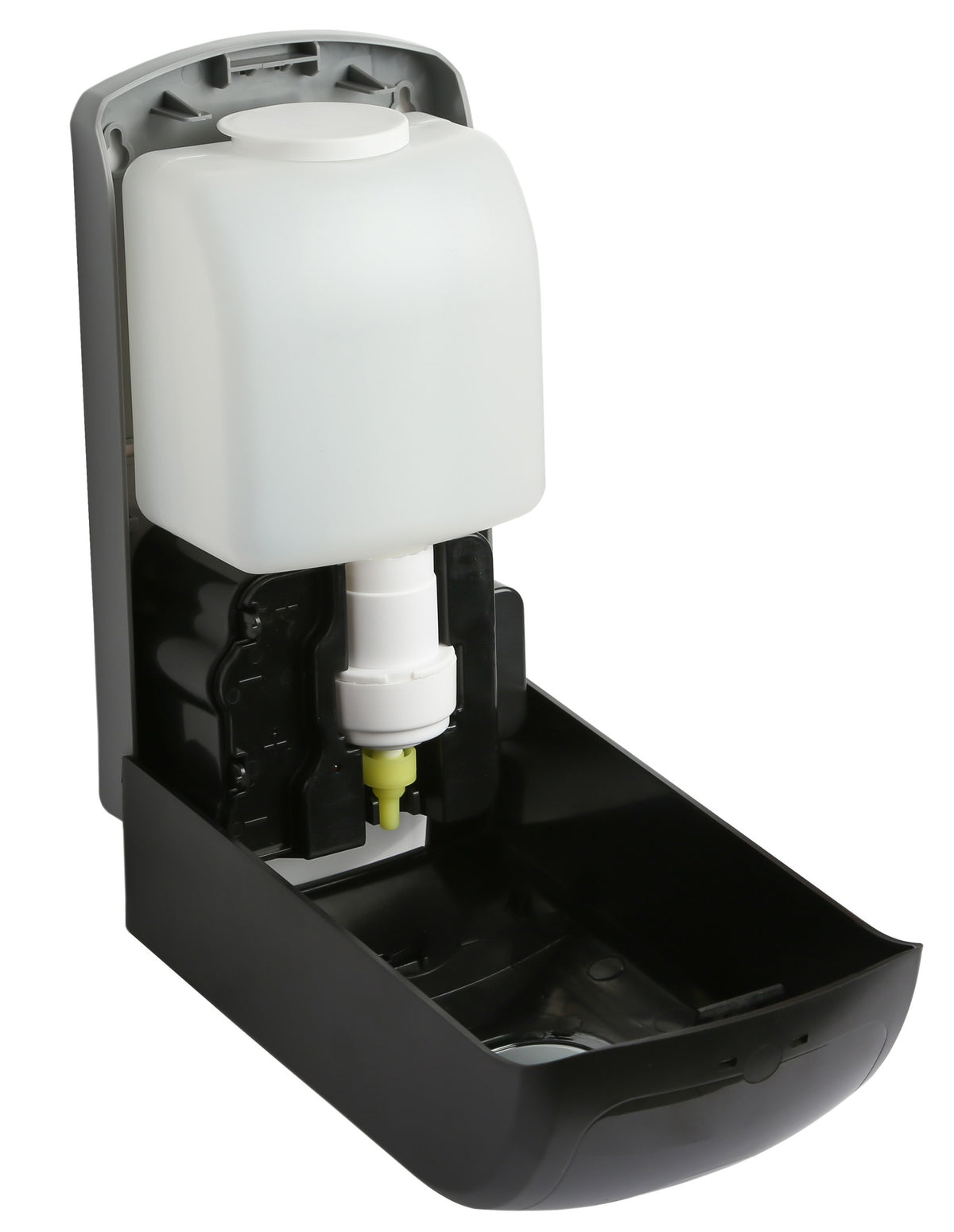 Dolphy black foam dispenser opened, showing the 1000ml refill bottle and pump