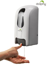 Hand pressing the PUSH panel of the Dolphy 1000ml white soap dispenser
