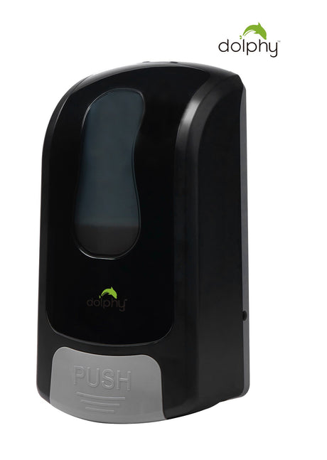 Dolphy black manual foam soap dispenser with grey PUSH panel, angled view
