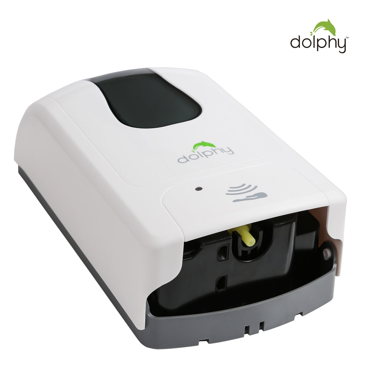 Underside of the Dolphy white foam dispenser showing the sensor window and nozzle