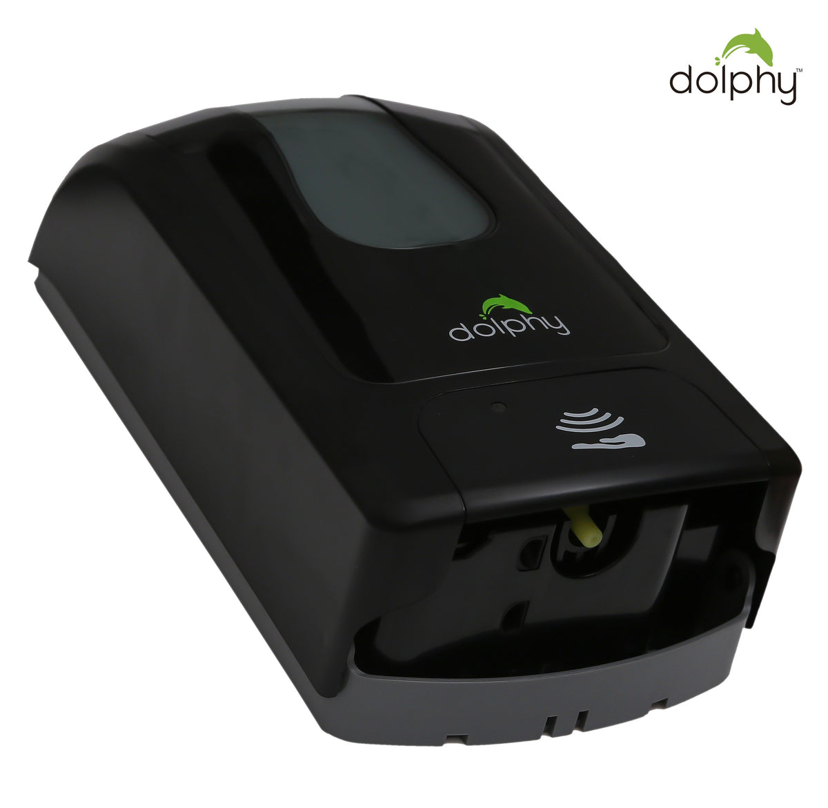 Underside of the Dolphy black touchless foam dispenser showing the sensor and nozzle