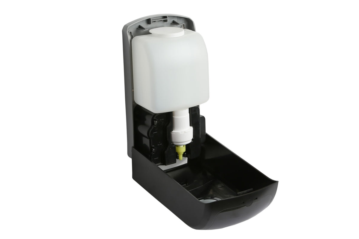 Dolphy black foam dispenser opened, showing the refill bottle and foam pump