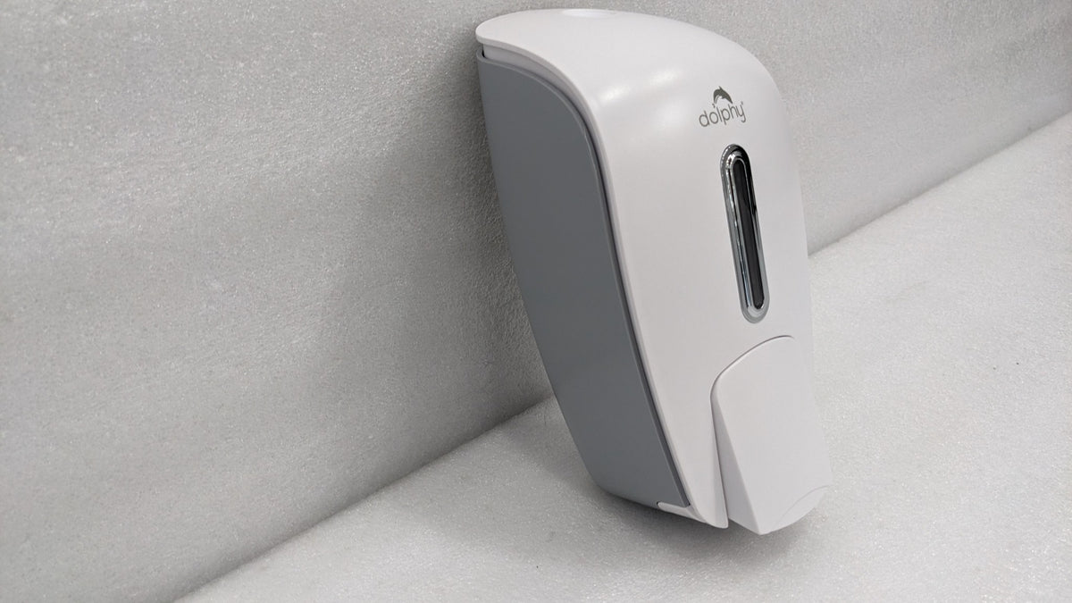 Dolphy white manual soap and sanitiser dispenser, side view with grey back plate