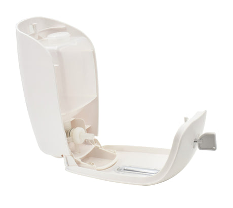 Dolphy 800ml manual soap dispenser opened with its key, showing the refill bottle and pump