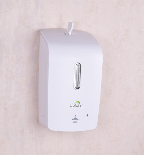 Dolphy 1000ml touchless soap dispenser in white mounted on a wall