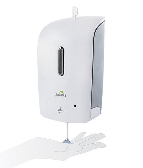 Dolphy automatic soap dispenser releasing soap onto an open hand below the sensor