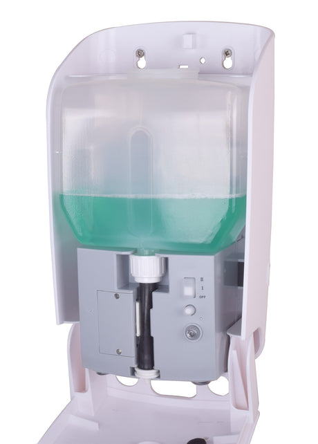 Dolphy soap dispenser opened, showing the refillable soap reservoir and battery pump unit