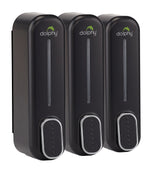 Dolphy black triple 300ml wall-mounted soap dispenser set, angled view