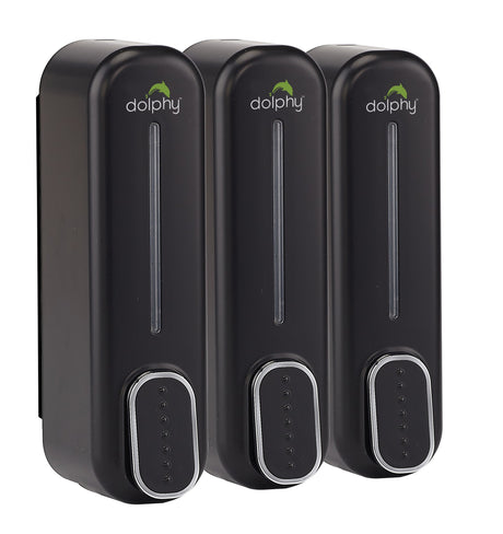 Dolphy black triple 300ml wall-mounted soap dispenser set, angled view