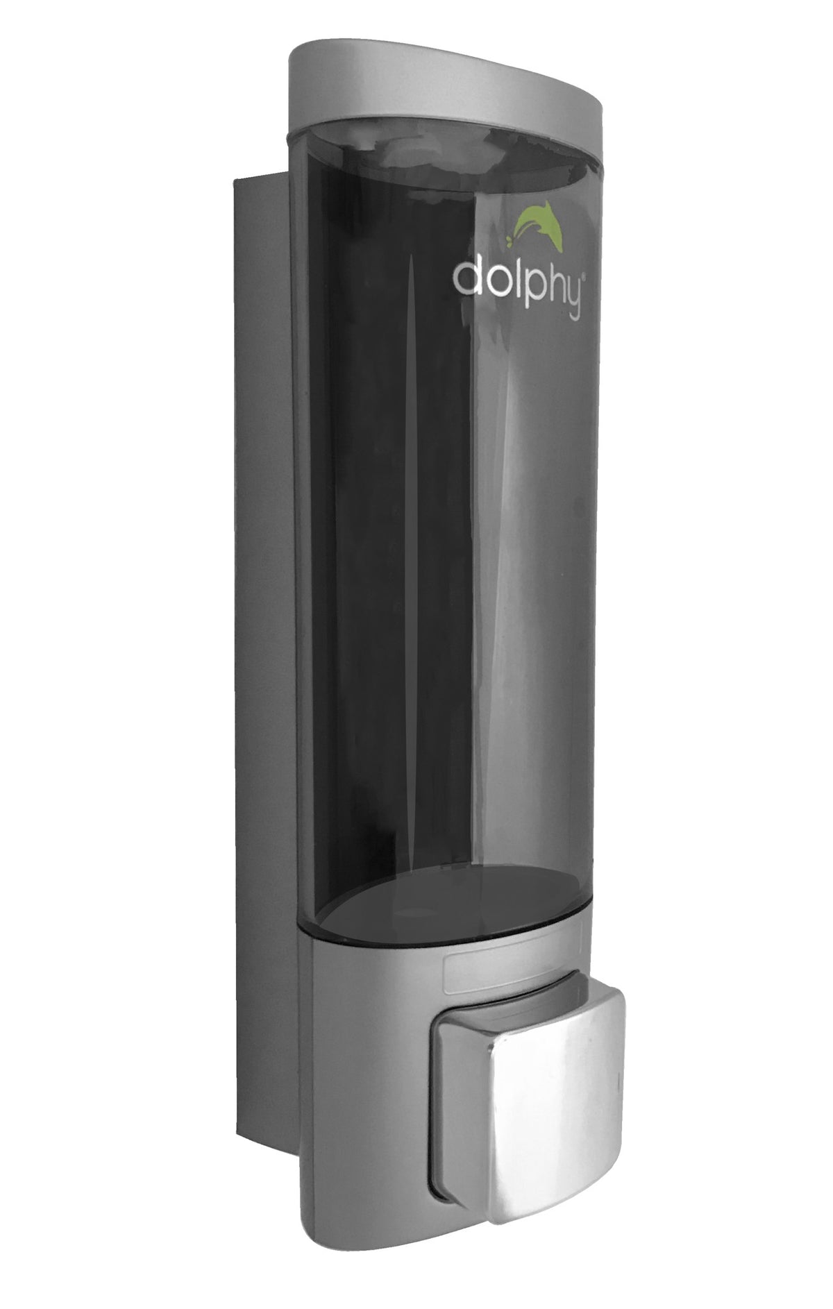 Dolphy 200ml smoked transparent soap dispenser with silver push button, angled view