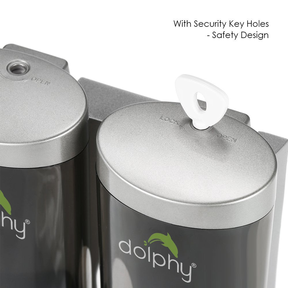 Close-up of the security key lock on top of the Dolphy double soap dispenser
