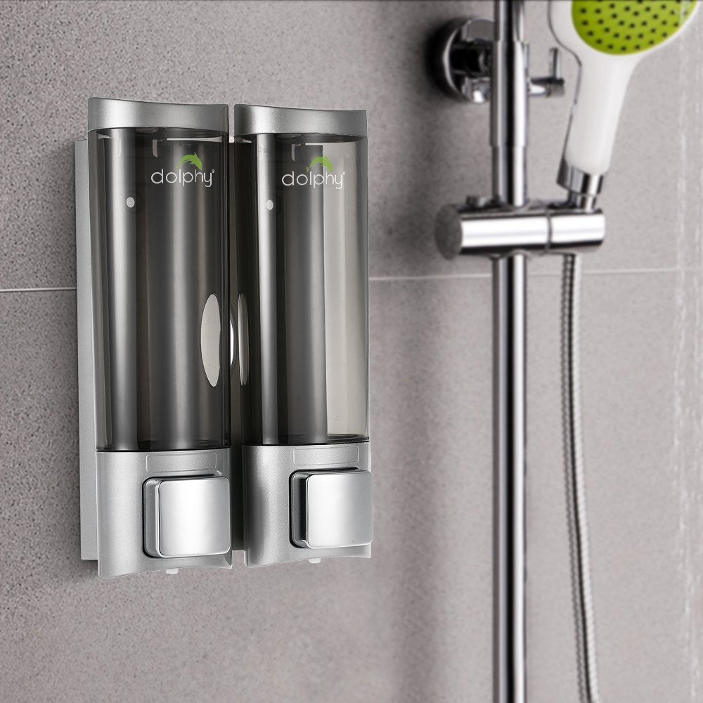 Dolphy double 200ml soap dispenser mounted in a shower beside the shower rail