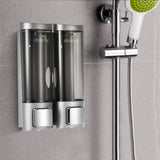 Dolphy double 200ml soap dispenser mounted in a shower beside the shower rail