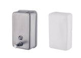 Dolphy stainless steel soap dispenser beside its refill bottle