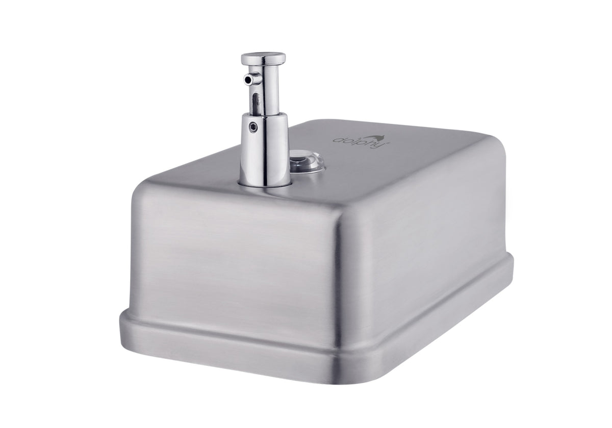 Top of the Dolphy stainless steel dispenser showing the refill lid and pump
