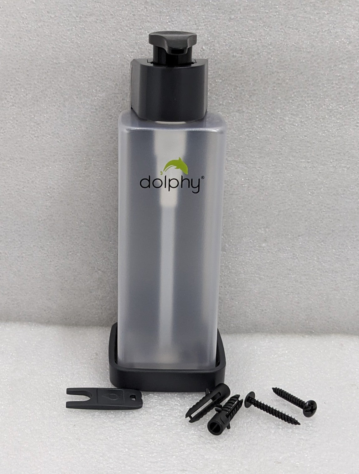 Dolphy 300ml clear pump soap bottle in its black wall bracket with screws and plugs