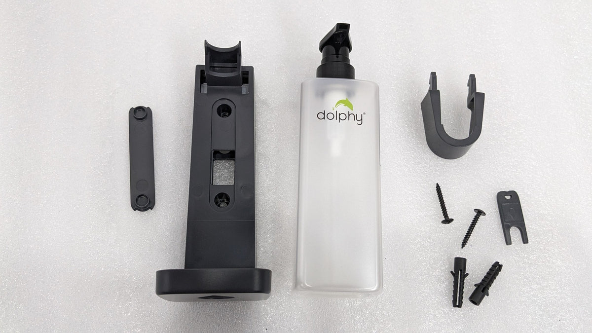 Dolphy 300ml soap dispenser parts: frosted bottle, bracket, clip and fixings