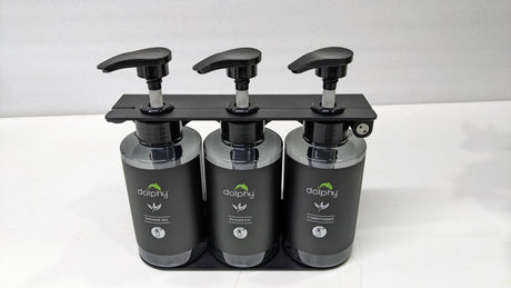 Dolphy triple 300ml pump dispenser set in a black steel wall bracket
