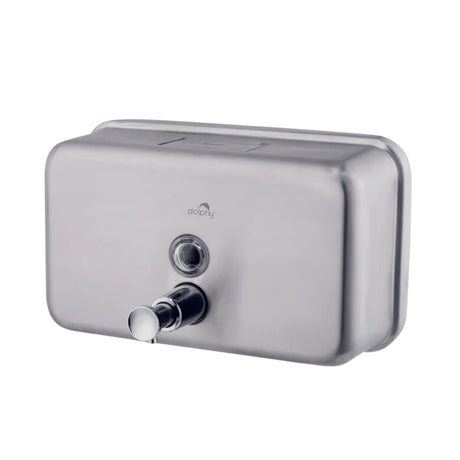 Dolphy 1200ml brushed stainless steel horizontal soap dispenser, angled view