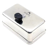 Dolphy stainless steel soap dispenser from above, showing the push button and logo