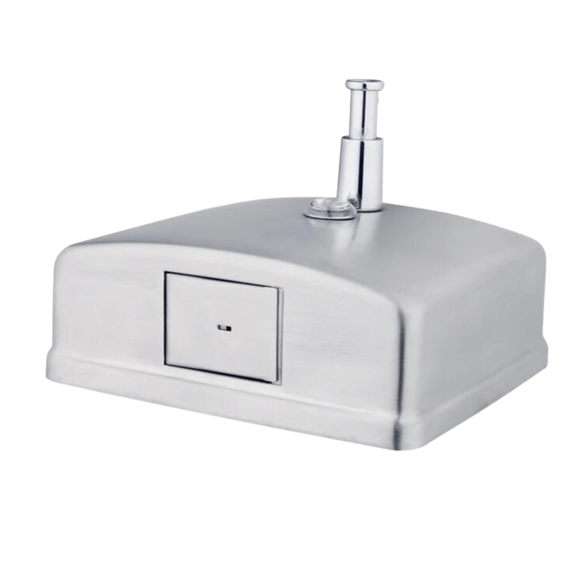 Dolphy stainless steel soap dispenser, top view with the refill hatch