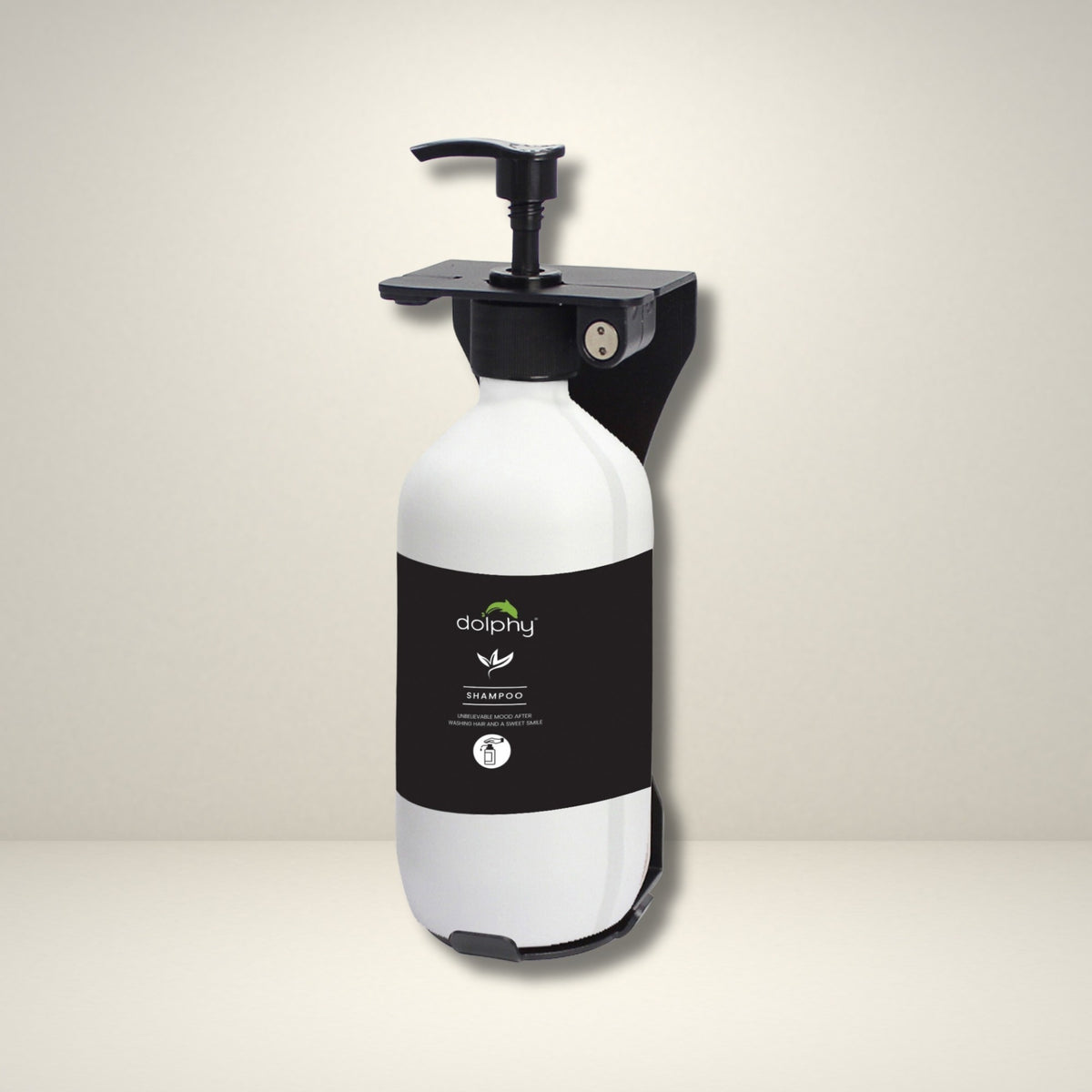 Dolphy white pump soap bottle in a black wall bracket, shown on a wall