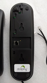 Back of the Dolphy telephone base showing keyhole wall-mount slots and the phone line socket