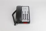 Dolphy black hotel telephone, top view of the keypad and handset