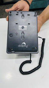 Back of the Dolphy black telephone base showing the wall-mount keyholes