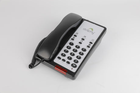 Dolphy black hotel telephone at an angle, showing the red message light