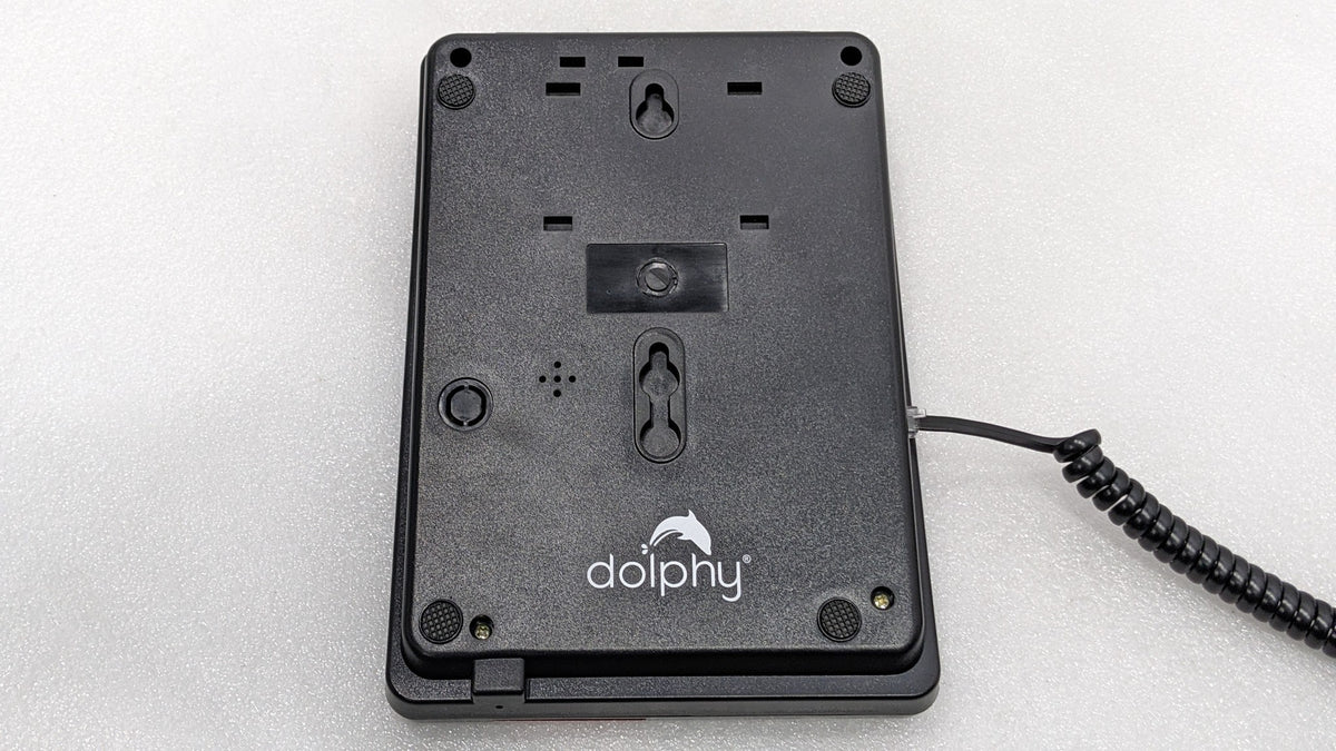 Back of the Dolphy black telephone showing the wall-mount keyholes