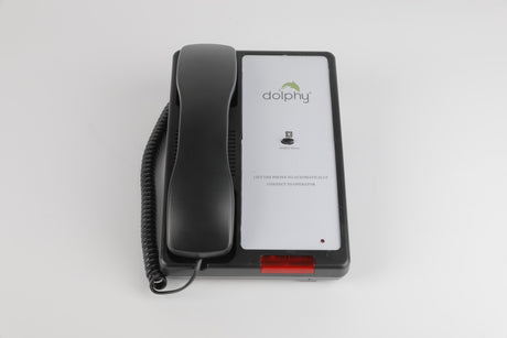 Dolphy black hotel telephone with express service button, top view