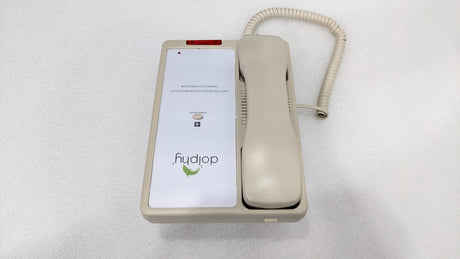 Dolphy beige hotel telephone with express service button and red message light, top view