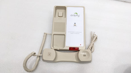Dolphy beige telephone base with the handset lifted, showing the cradle