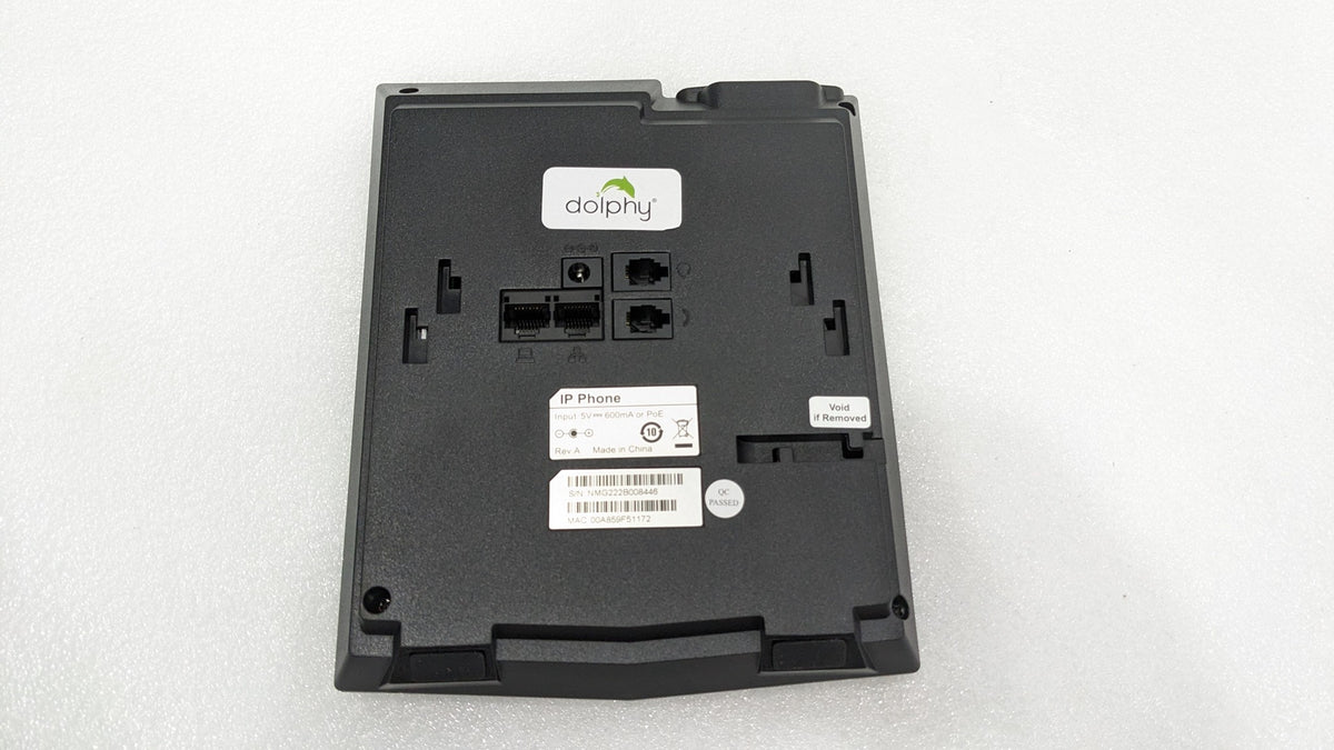 Underside of the Dolphy corded telephone showing the ports and labels