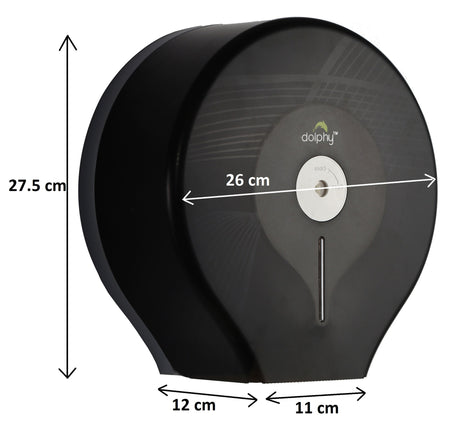 Dolphy jumbo toilet roll dispenser dimensions: 27.5 cm high, 26 cm wide, 12 cm deep