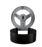 Dolphy jumbo toilet roll dispenser opened, showing the grey back plate and roll spindle