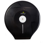 Dolphy black jumbo toilet roll dispenser, straight-on front view with lock and roll window