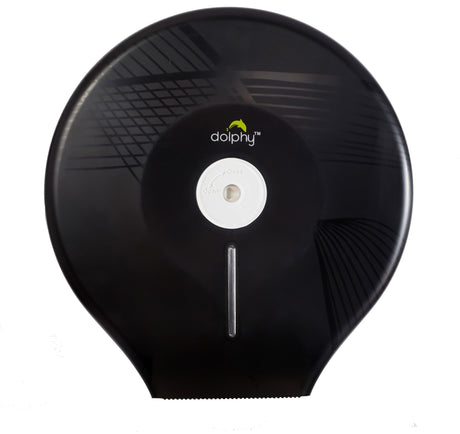 Dolphy black jumbo toilet roll dispenser, straight-on front view with lock and roll window