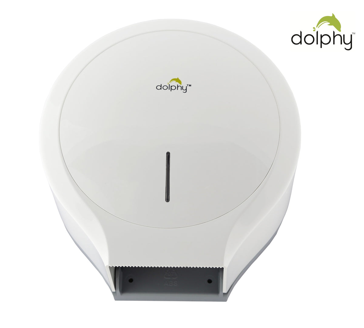 Dolphy white jumbo toilet roll dispenser from below, showing the serrated tear edge