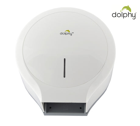 Dolphy white jumbo toilet roll dispenser from below, showing the serrated tear edge